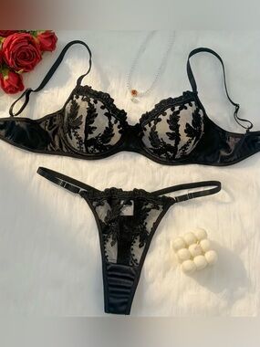 Sheer Black Lace Embroidered Bra & Thong Set